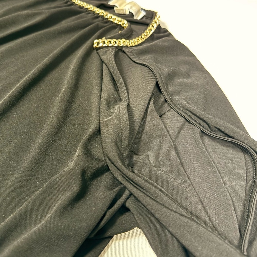Michael Kors Cold Shoulder Black Blouse with Gold Chain Detail